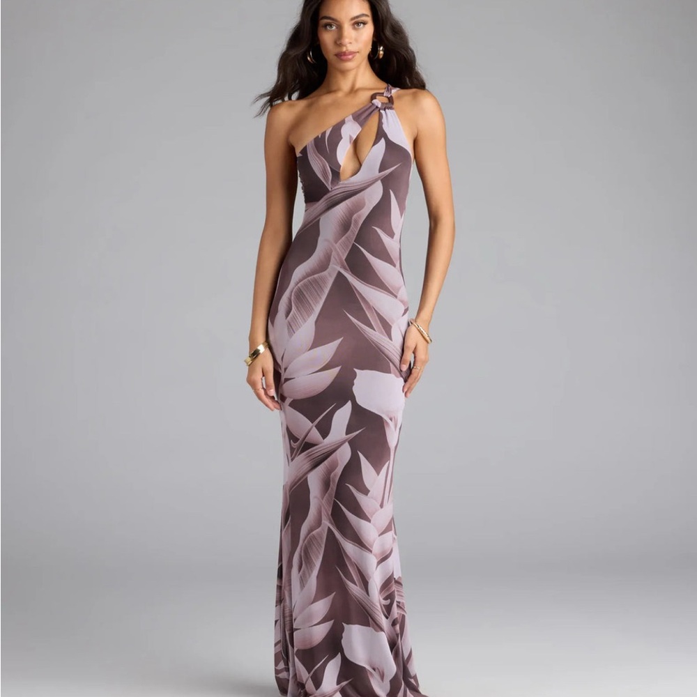 Tropical Print One-Shoulder Maxi Dress